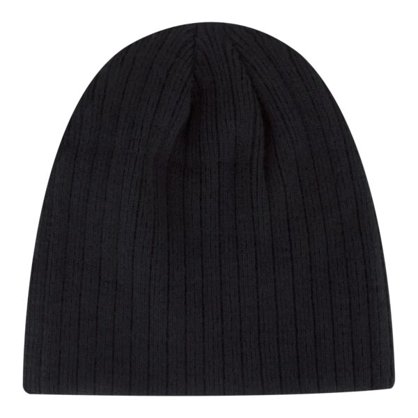 A black beanie with a ribbed texture and a rounded top. The beanie features a logo.