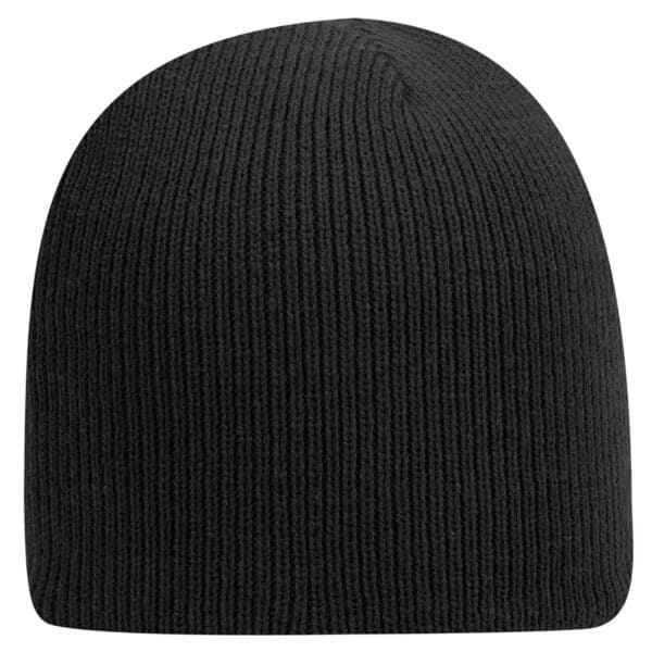 A black beanie with a ribbed texture. The item has a simple, stylish design and features a logo.