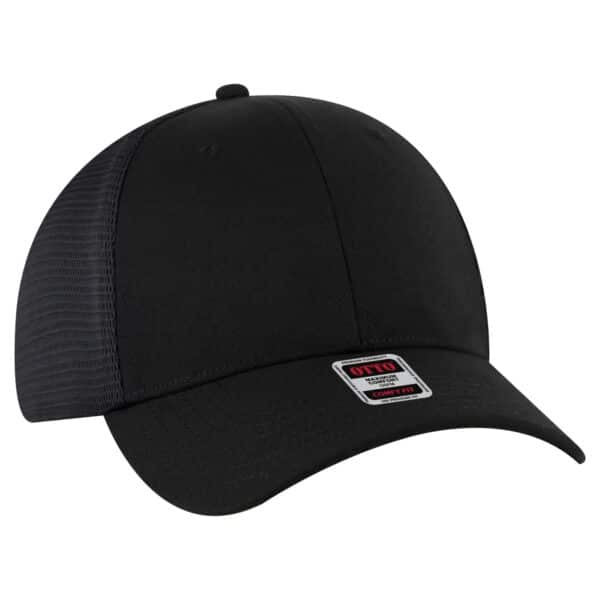 A black stretchable trucker hat with a mesh back and a logo on the front.