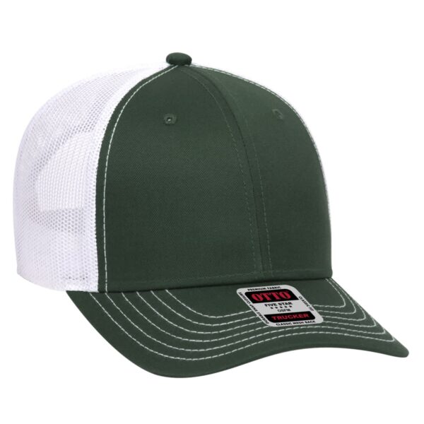A green 6 panel trucker hat with a white mesh back and a curved visor, featuring a logo on the front.