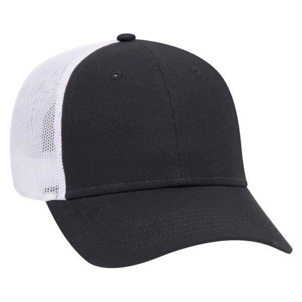A black and white 6 panel trucker hat with a mesh back and a curved brim. It features a logo on the front.