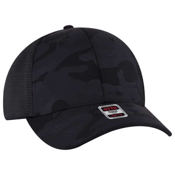 A stretchable double mesh back trucker hat in black with a camouflage pattern and a branded logo.