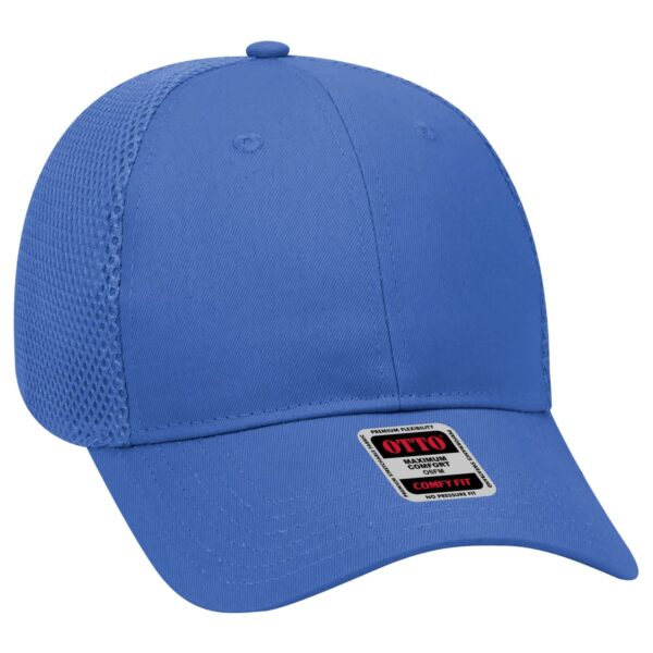 A blue six-panel baseball cap featuring mesh side panels and a branded label.