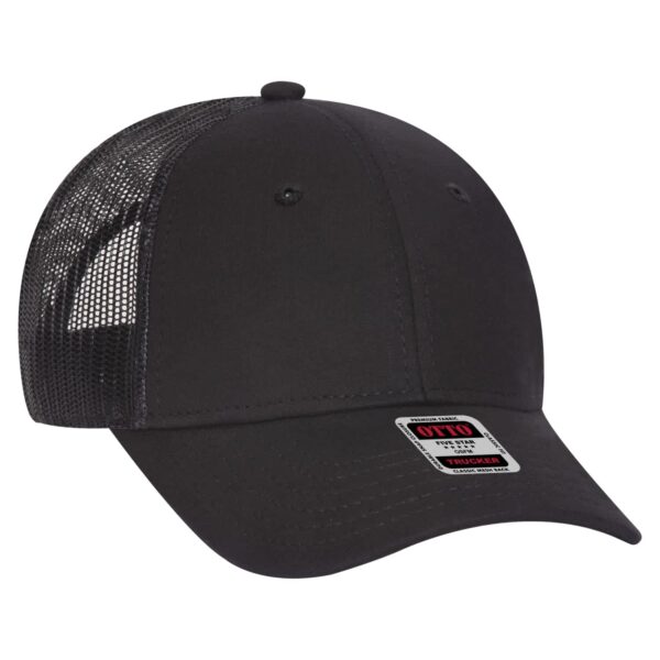 A black 6-panel trucker hat featuring a solid front and mesh back, with a logo on the tag.
