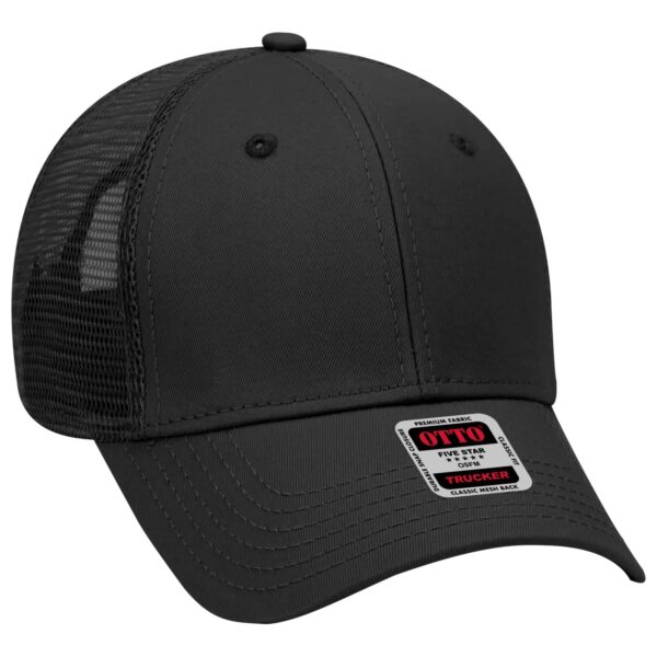 A black 6 panel trucker hat with mesh sides and a branded label on the front.
