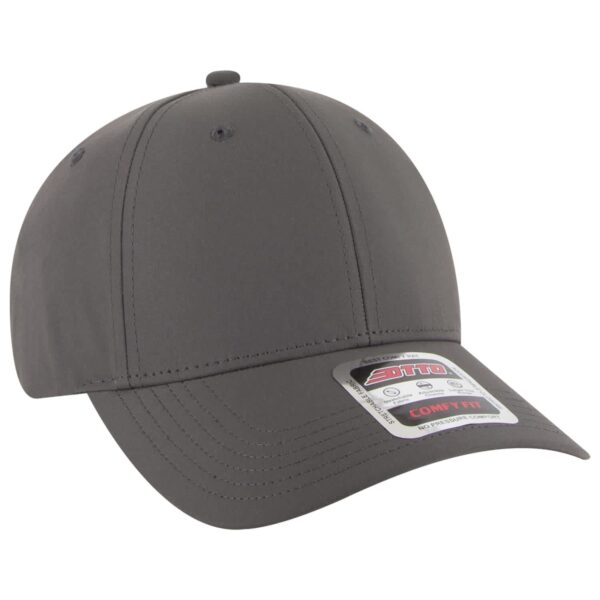 A grey six-panel baseball cap featuring a logo. Designed for comfort with a fitted style.