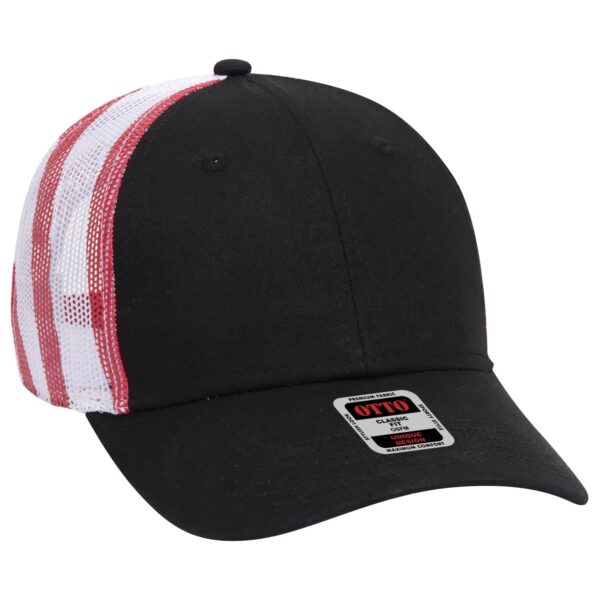 A black and white 6 panel trucker hat with a mesh back and a branded label on the front.