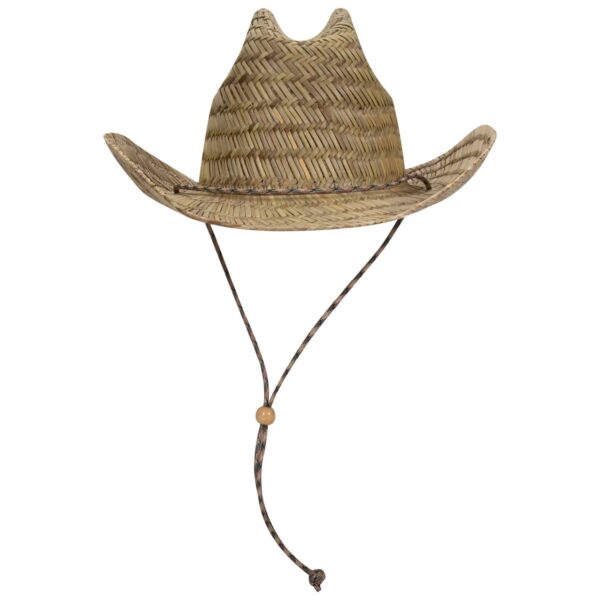 A straw cowboy hat in natural tones with an adjustable cord. Suitable for outdoor activities.