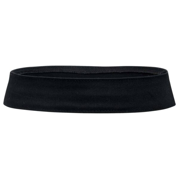 A black hat band with a smooth finish and a simple design. It features a logo on one side.