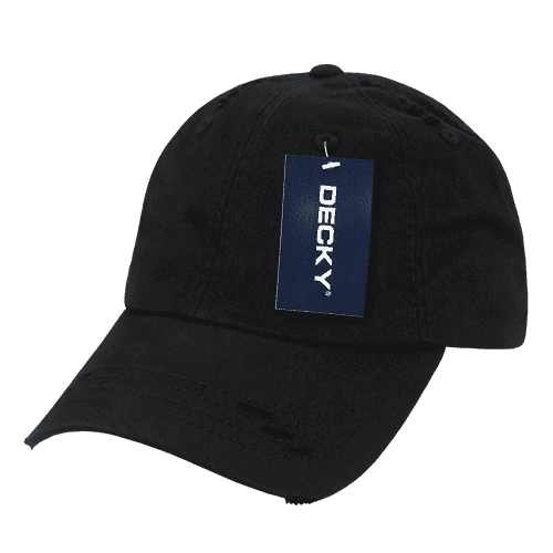 A black vintage dad hat with a six-panel design and a tag attached, featuring a logo.