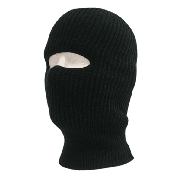 A black tactical mask with one eye opening, featuring a knitted texture and a snug fit. It has branding details.