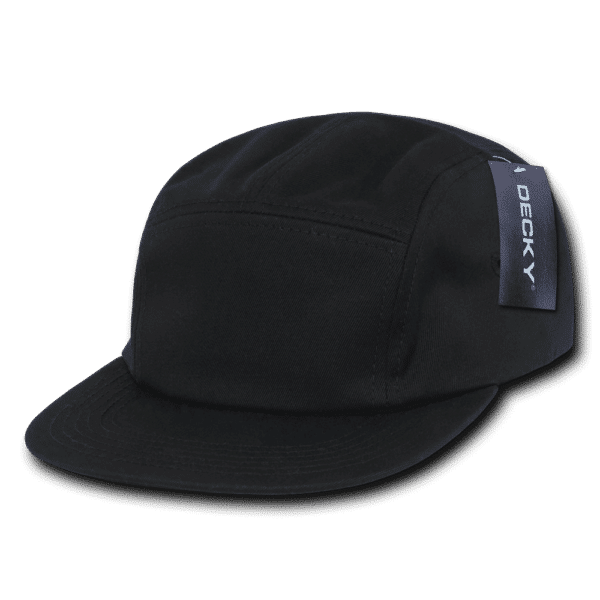 A black 5 Panel Cotton Racer Cap with a logo tag on the side, featuring a flat brim and a structured design.