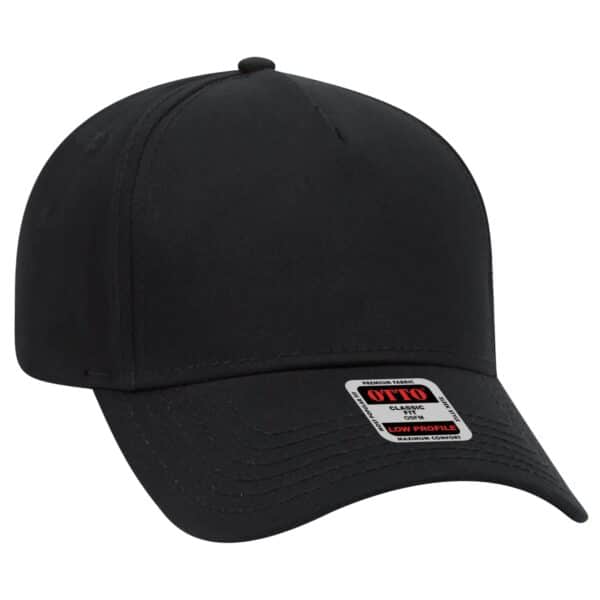 A black 5 Panel Baseball cap featuring a low-profile design and a logo on the label.