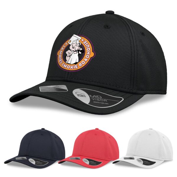 A black cap with a logo on the front, accompanied by navy, red, and white caps in the background.