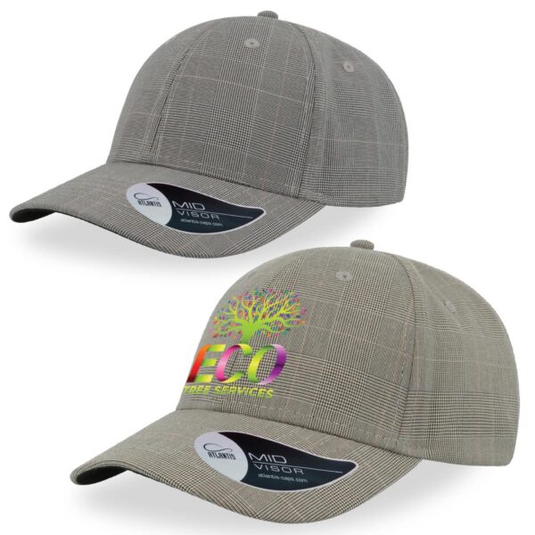 A grey cap with a checkered pattern and a colourful tree graphic. Features a logo on the side.
