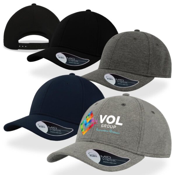 A collection of caps in black and dark grey with varying styles and a logo on one.