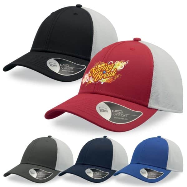 A collection of caps in black, grey, red, and blue, featuring a prominently branded front.