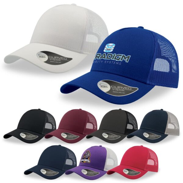 A variety of trucker caps in different colours, featuring mesh backs and a logo on some caps.