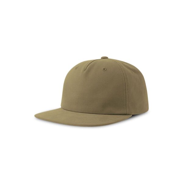 A green flat peak cap made from organic cotton, featuring a logo on the front.
