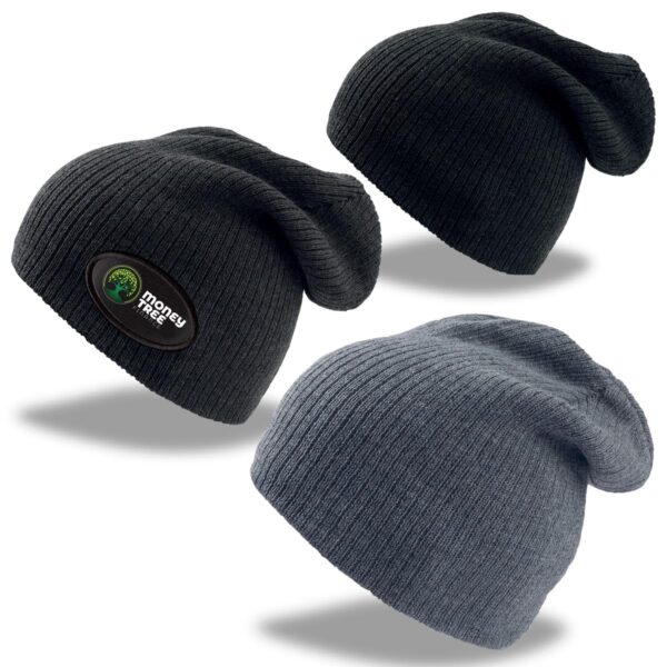 A collection of three beanies in black and grey, featuring a logo on one of the black beanies.