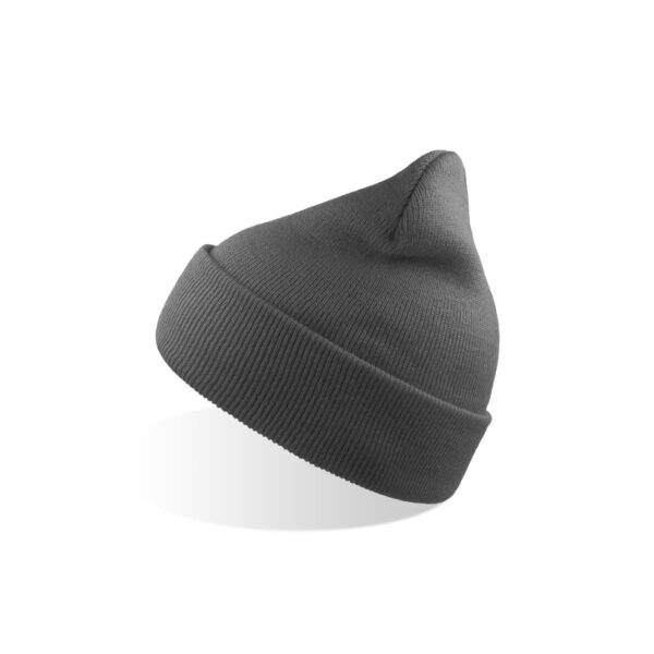 A grey beanie made from recycled polyester, featuring a ribbed design and a pointed top. It has a logo.