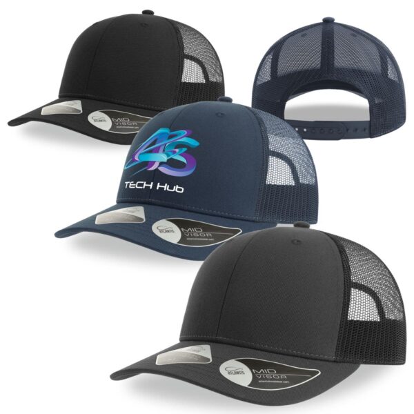 A collection of trucker caps featuring a black front, dark grey mesh, and a logo on the front of one cap.