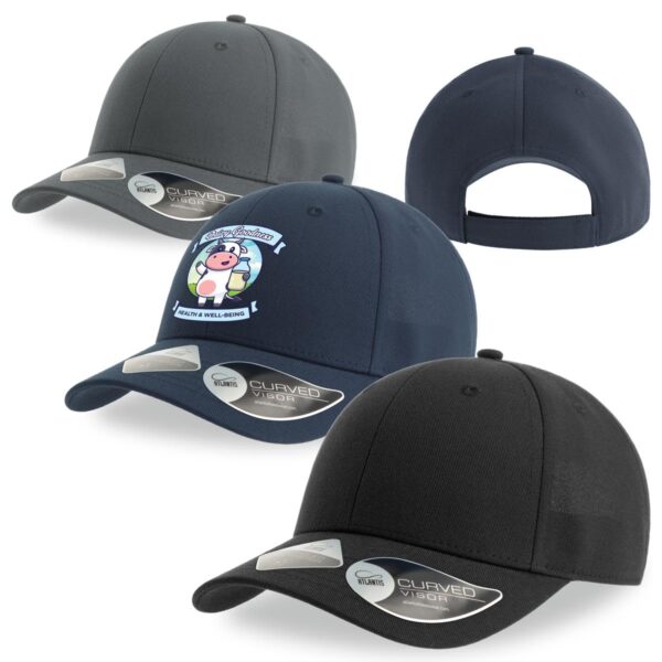 A collection of caps in dark grey, navy blue, and black, featuring various designs and a logo.