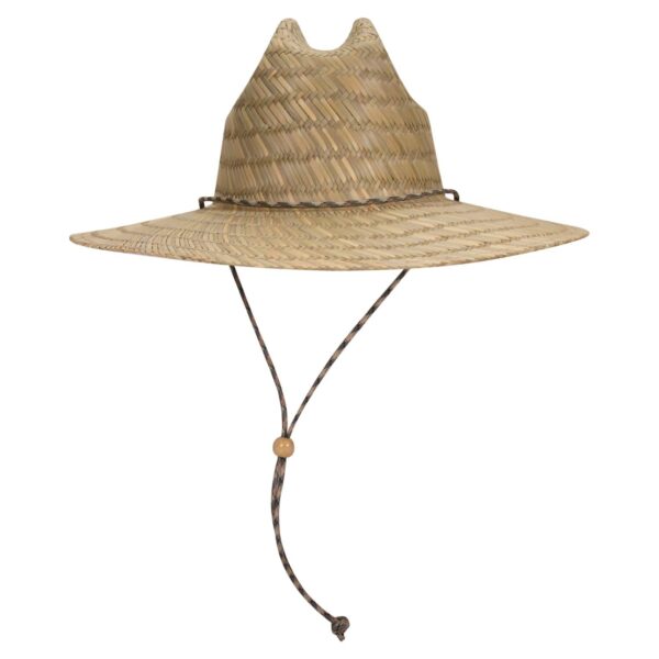 A straw lifeguard hat in natural tones with an adjustable cord for a secure fit.