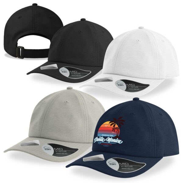 A set of four caps in black, white, grey, and navy, featuring a logo on the navy cap.