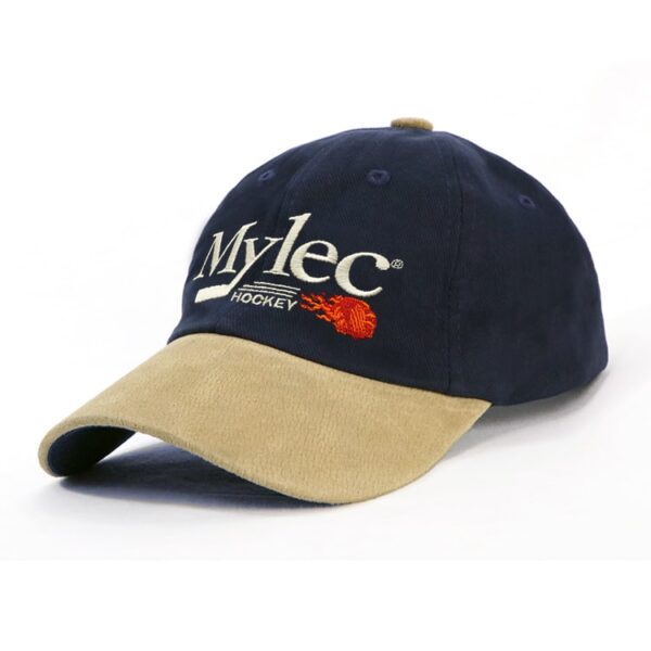 An unstructured navy and suede cap featuring a logo on the front and a contrasting brim.