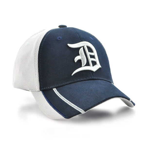 A navy and white cap featuring a logo on the front, designed as headwear.
