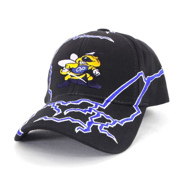 A black cap featuring an embroidered bee design and lightning details, along with a logo.