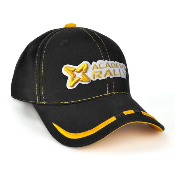 A black cap with yellow accents and stitching, featuring a logo on the front.
