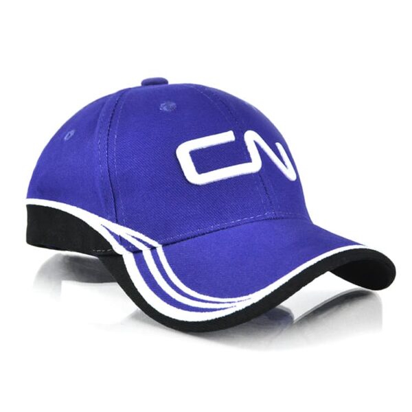A purple cap featuring a white logo and black accents along the brim.