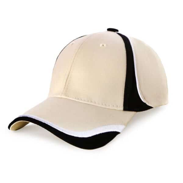 A beige and black cap featuring a curved brim and contrasting stitching, with a logo on the front.
