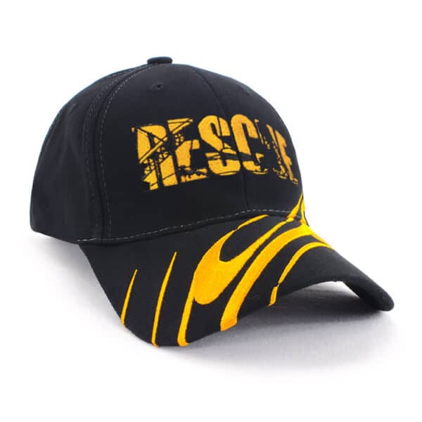 A black cap featuring a wave design in yellow, with a logo on the front.