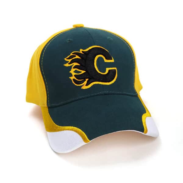 A green and yellow cap with a logo featuring a stylised flame design. It has a white peak and contrasting panels.