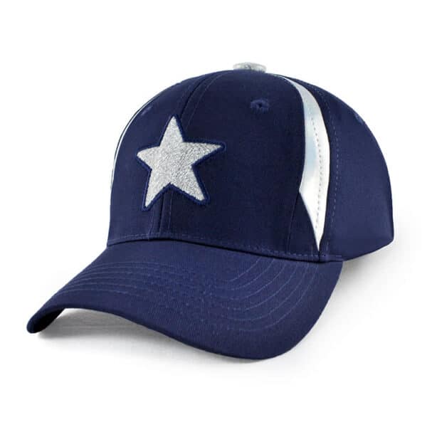 A navy blue cap featuring a silver star and reflective stripes. The cap has an adjustable back and a rounded brim.