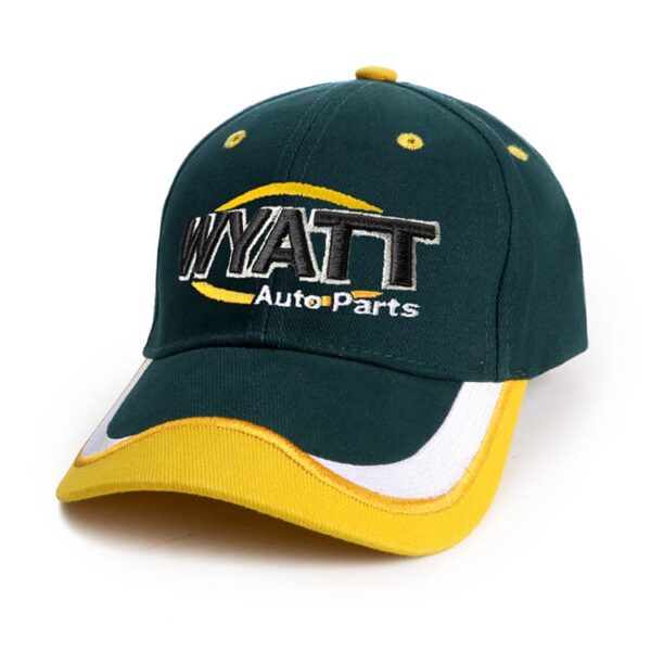 A green and yellow cap featuring a logo on the front and a curved brim.