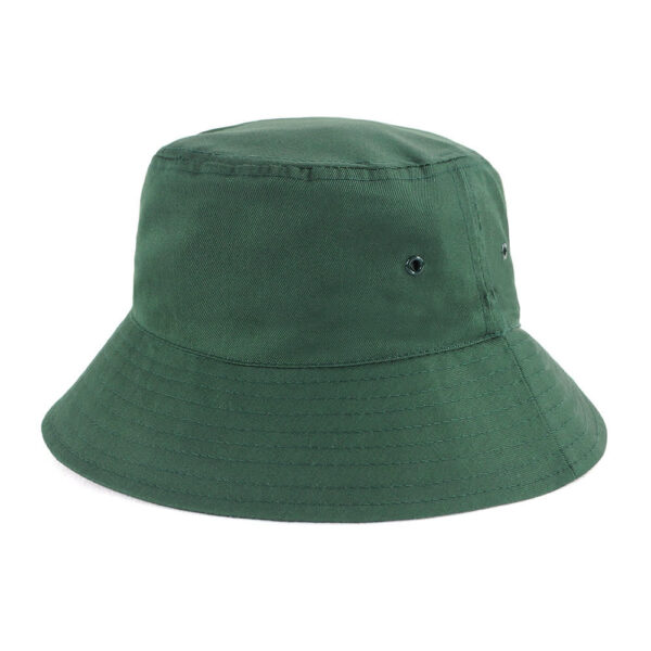 A green polycotton bucket hat featuring a wide brim and a logo detail.