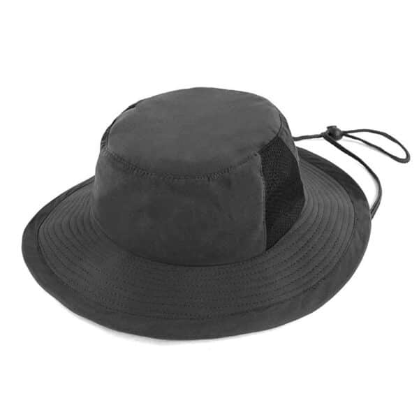 A black microfibre bucket hat featuring a mesh panel, with a chin strap for secure fit. It has a logo on the side.