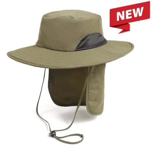 An outdoor hat in olive green with a wide brim and a neck flap; features a mesh panel and adjustable chin strap.