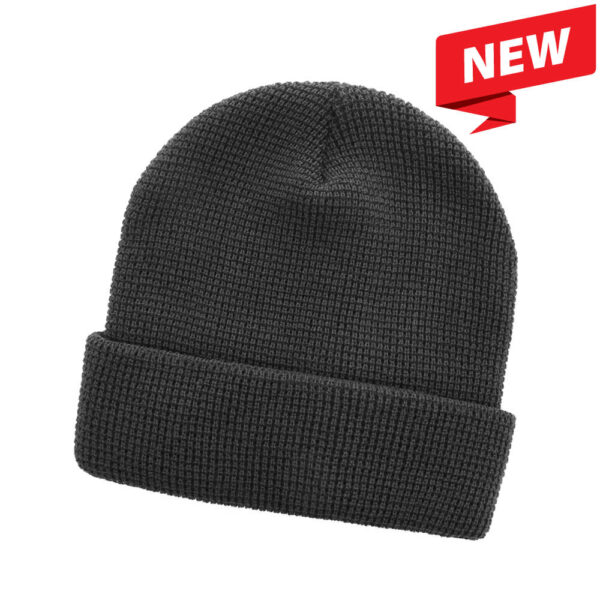 A dark grey knit beanie with a folded brim and a logo on the side.