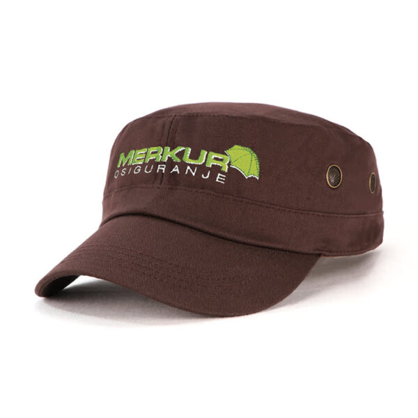 A brown military cap with a logo, featuring ventilation eyelets on the sides.