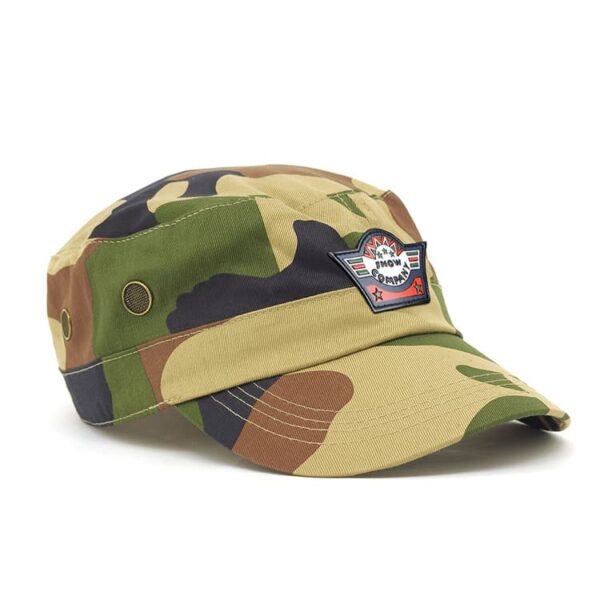 Camo military design cap in green, brown, and tan with a badge on the front. Features a stylish flat-brim design.