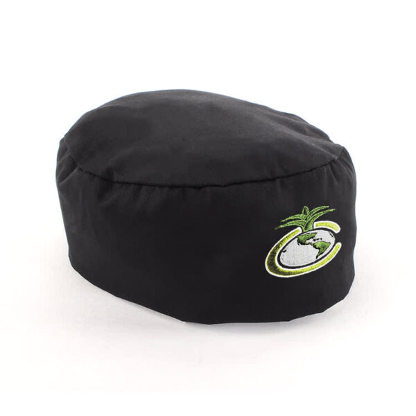 A black polycotton chef's hat featuring an embroidered logo, with a rounded design and a smooth finish.
