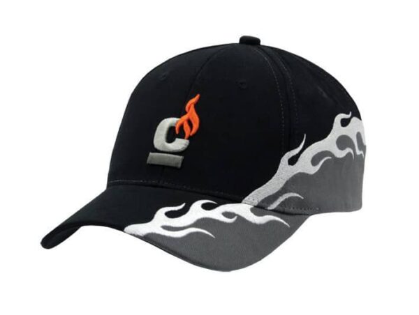 A black cap featuring a flame design in grey and orange, with an emblem on the front.