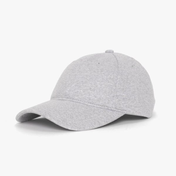 A grey cap with a rounded crown and a curved brim, featuring a logo on the side.