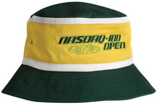 A bucket hat featuring a yellow and green design with a logo on the front.