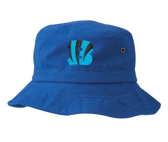 A blue bucket hat featuring an emblem and a wide brim. It has a logo on the front.